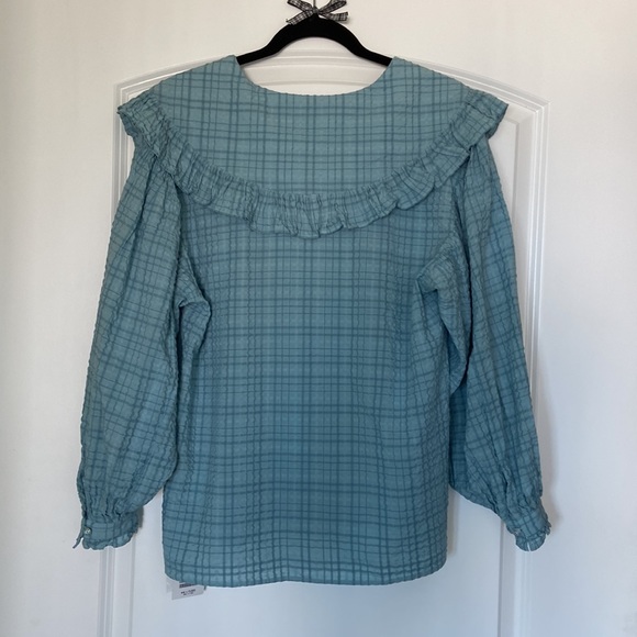 Beams Boy O.Big ruffled collar blouse, one size, blue check - Picture 2 of 11